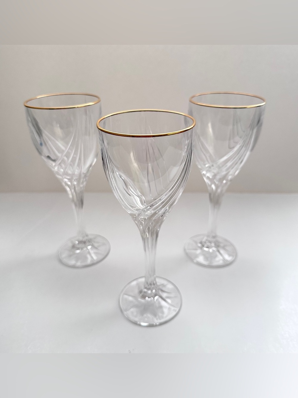 Lenox Set of 3 Debut Gold Rim Clear Stemmed White Wine Glasses Swirl Vintage